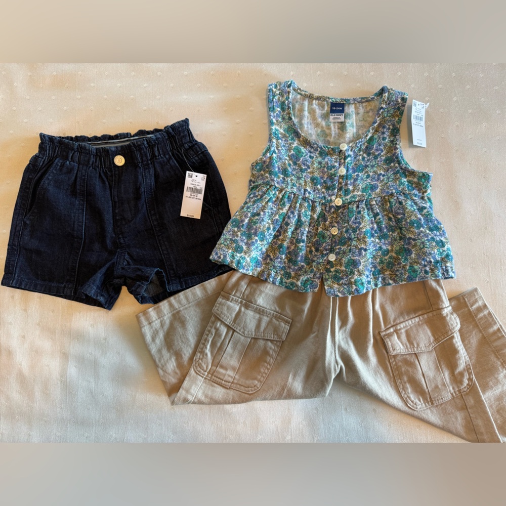 Old Navy Girls Floral Blue Green Tank with Khaki Cargo Pants & Denim Shorts.
